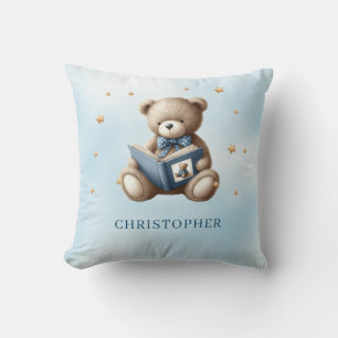 Cute teddy bear reading a book throw pillow