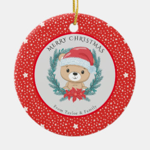 Cute Teddy Bear Red White Stars Merry Christmas  Ceramic Ornament