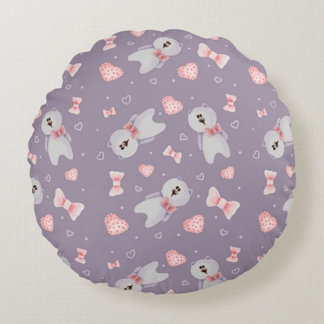 Cute Teddy Bear & Ribbon Pattern Round Pillow (Front)