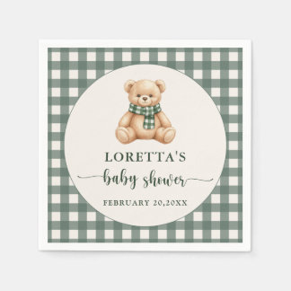 Cute Teddy Bear Rustic Green Plaid Baby Shower  Napkin