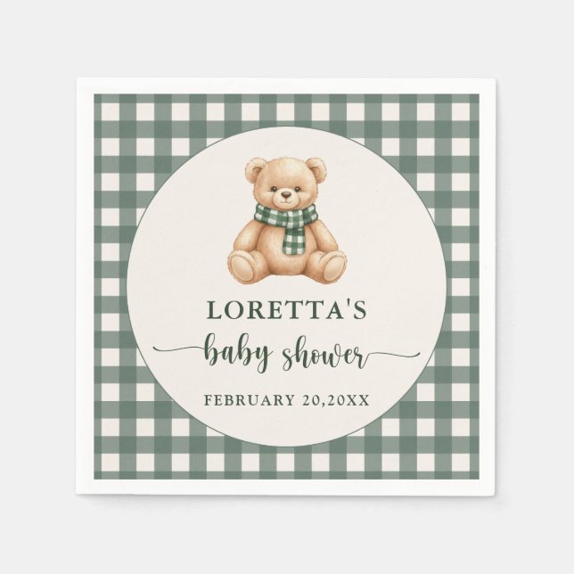 Cute Teddy Bear Rustic Green Plaid Baby Shower  Napkin (Front)