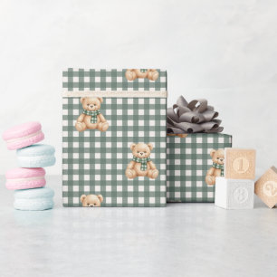 Cute Teddy Bear Rustic Green Plaid Wrapping Paper