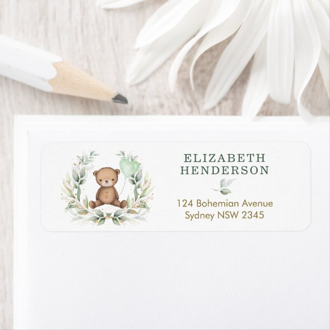 Cute Teddy Bear Sage Greenery Gold Balloon Address (Insitu)