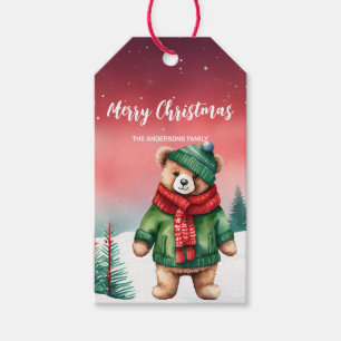 Cute teddy Bear Santa Christmas party holiday kid Gift Tags