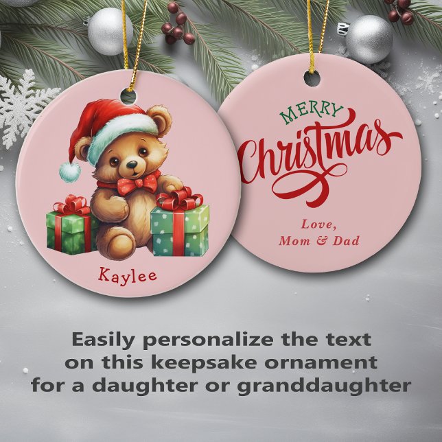 Cute Teddy Bear Santa Hat Kids Ceramic Ornament (Creator Uploaded)