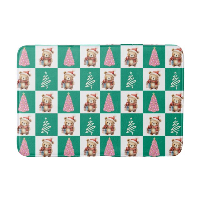 Cute teddy Bear Santa Merry Christmas tree party Bath Mat (Front)