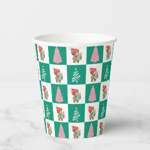 Cute teddy Bear Santa Merry Christmas tree party Paper Cups