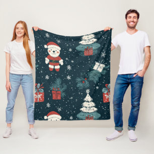 Cute Teddy Bear & Santa on Dark Green (1) Fleece Blanket
