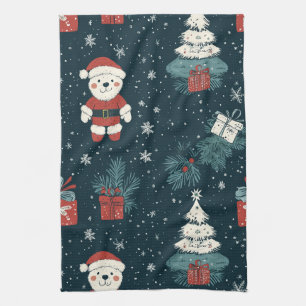 Cute Teddy Bear & Santa on Dark Green (1) Kitchen Towel