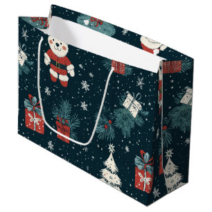 Cute Teddy Bear & Santa on Dark Green (1) Large Gift Bag