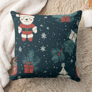 Cute Teddy Bear & Santa on Dark Green (1) Throw Pillow