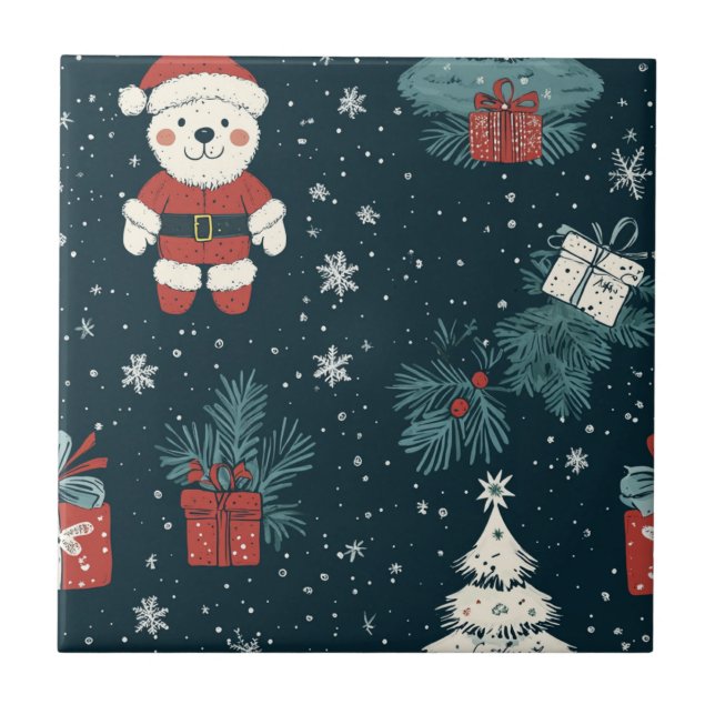 Cute Teddy Bear & Santa on Dark Green (1) Tile (Front)