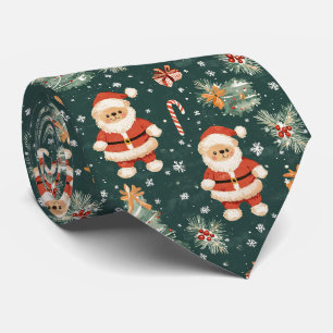 Cute Teddy Bear & Santa on Dark Green (2) Tie