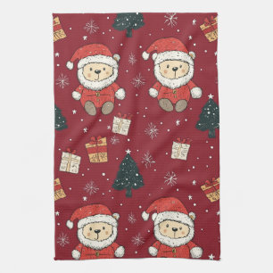 Cute Teddy Bear & Santa on Red (1) Kitchen Towel