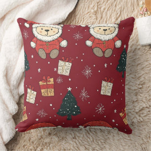 Cute Teddy Bear & Santa on Red (1) Throw Pillow