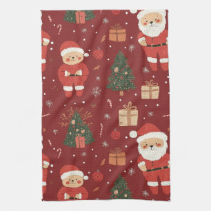 Cute Teddy Bear & Santa on Red (2) Kitchen Towel