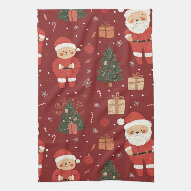 Cute Teddy Bear & Santa on Red (2) Kitchen Towel (Vertical)