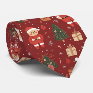 Cute Teddy Bear & Santa on Red (2) Tie