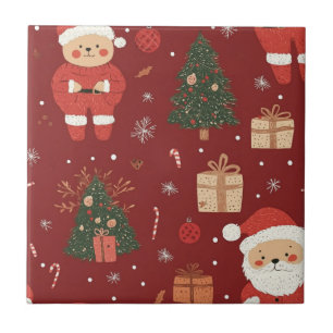 Cute Teddy Bear & Santa on Red (2) Tile