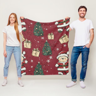 Cute Teddy Bear & Santa on Red (3) Fleece Blanket