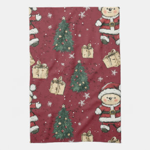 Cute Teddy Bear & Santa on Red (3) Kitchen Towel