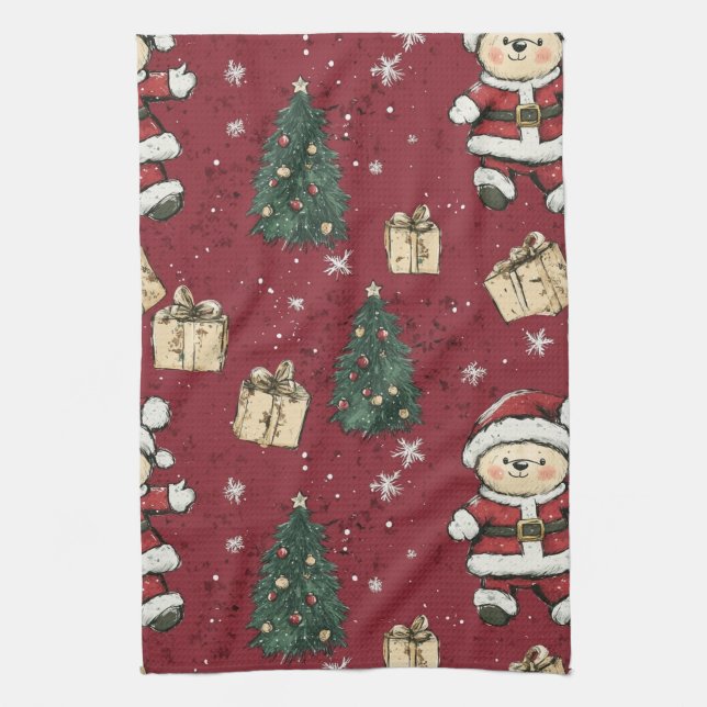 Cute Teddy Bear & Santa on Red (3) Kitchen Towel (Vertical)