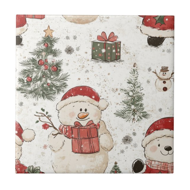 Cute Teddy Bear & Santa on White (2) Tile (Front)