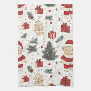 Cute Teddy Bear & Santa on White (3) Kitchen Towel
