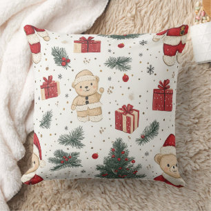 Cute Teddy Bear & Santa on White (3) Throw Pillow