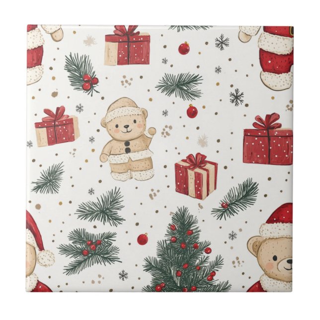Cute Teddy Bear & Santa on White (3) Tile (Front)