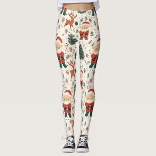 Cute Teddy Bear & Santa on White (4) Leggings