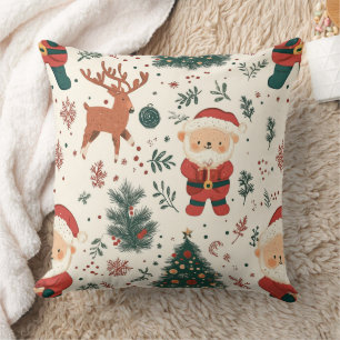 Cute Teddy Bear & Santa on White (4) Throw Pillow