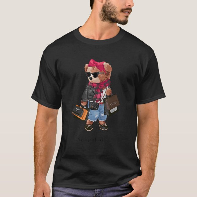 Cute Teddy Bear Shopaholic Fashionista Shopping  T-Shirt (Front)