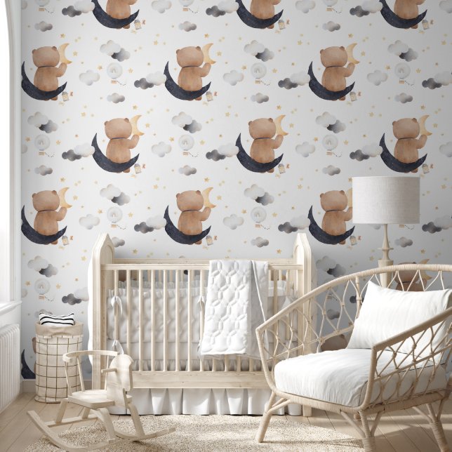 Cute Teddy Bear Sitting On Moon White Nursery Wallpaper (Kids)