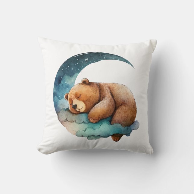 Cute Teddy Bear Sleeping on the Crescent Moon Throw Pillow (Front)
