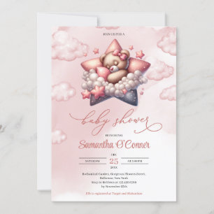 Cute teddy bear sleeping on the stars rose gold invitation
