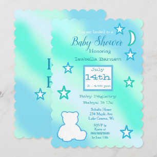 Cute Teddy Bear, Stars and Moon Blue and Green Invitation