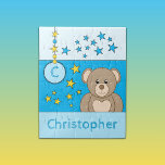 Cute teddy bear stars name blue jigsaw puzzle<br><div class="desc">Jigsaw puzzle for kids.
Featuring a cute brown teddy bear,  stars and name.
Blue and yellow.
Children's gift idea.</div>