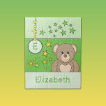 Cute teddy bear stars name green jigsaw puzzle<br><div class="desc">Jigsaw puzzle for kids.
Featuring a cute brown teddy bear,  stars and name.
Green and yellow.
Children's gift idea.</div>