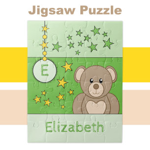 Cute teddy bear stars name green jigsaw puzzle