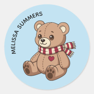 Cute Teddy Bear Striped Scarf Custom Name Blue Classic Round Sticker