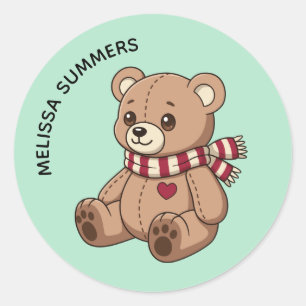 Cute Teddy Bear Striped Scarf Custom Name Green Classic Round Sticker
