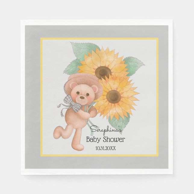 Cute Teddy Bear Sunflower Baby Shower Napkin (Front)