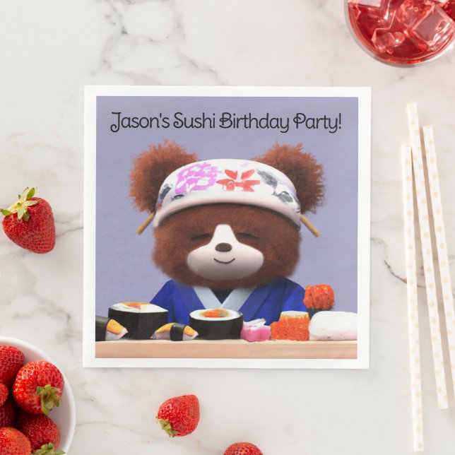 Cute Teddy Bear Sushi Chef Birthday Party Napkin (Insitu)