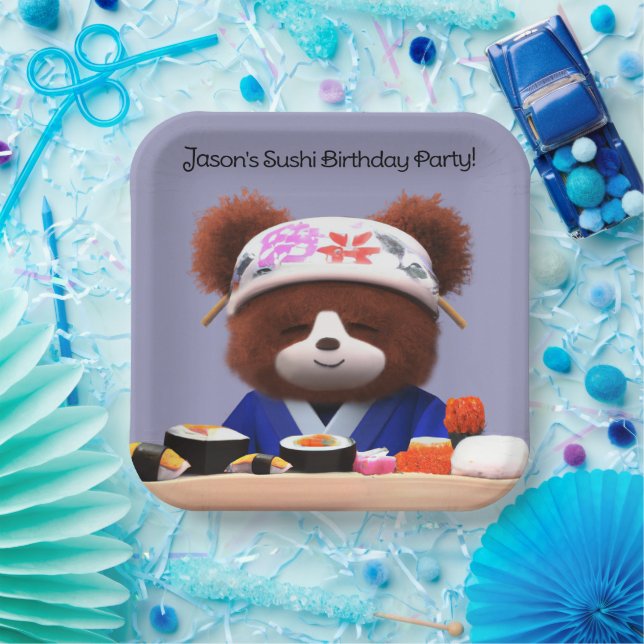 Cute Teddy Bear Sushi Chef Birthday Party Paper Plate (Party)