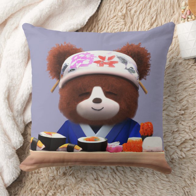 Cute Teddy Bear Sushi Chef Throw Pillow (Blanket)