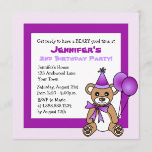 Cute Teddy Bear Theme Kids Birthday - Purple Invitation
