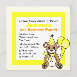 Cute Teddy Bear Theme Kids Birthday - Yellow Invitation
