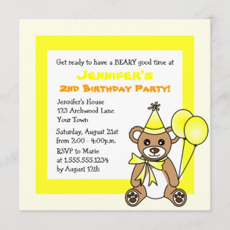 Cute Teddy Bear Theme Kids Birthday - Yellow Invitation