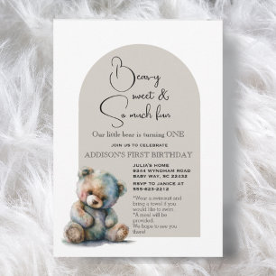 Cute Teddy Bear Theme Watercolor First Birthday Invitation